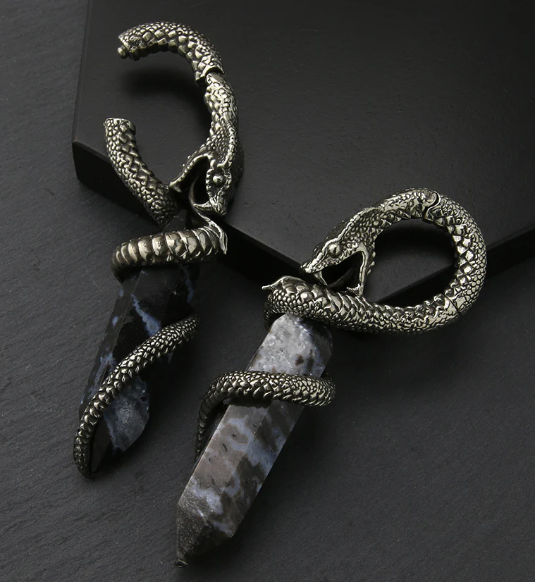 Blue Flame Petrified Palm Root Cobra White Brass Hinged Ear Weights - Image 3