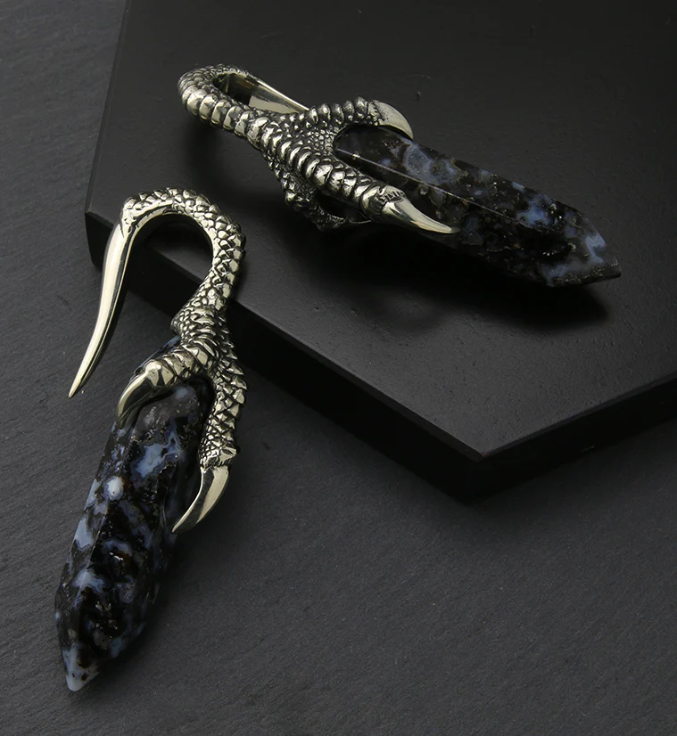 Blue Flame Petrified Palm Root Raven Claw White Brass Ear Weights - Image 2