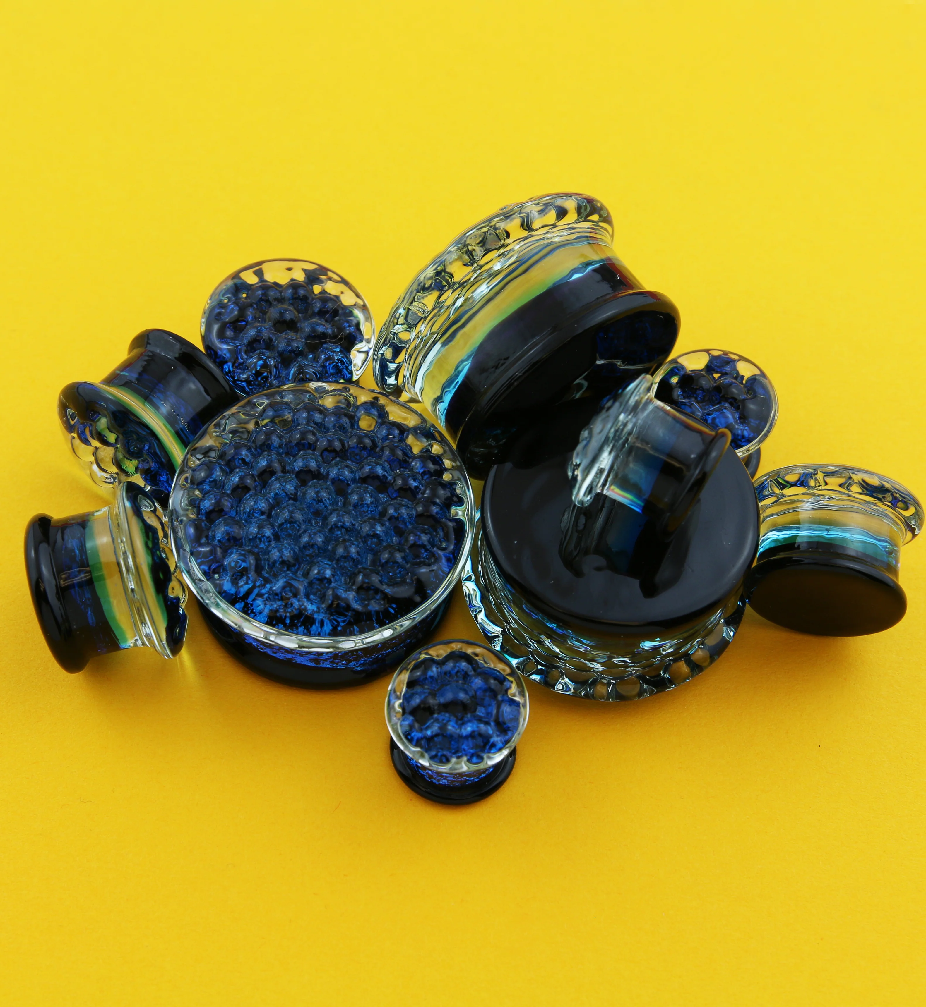 Blue Honeycomb Glass Double Flare Plugs - Image 2