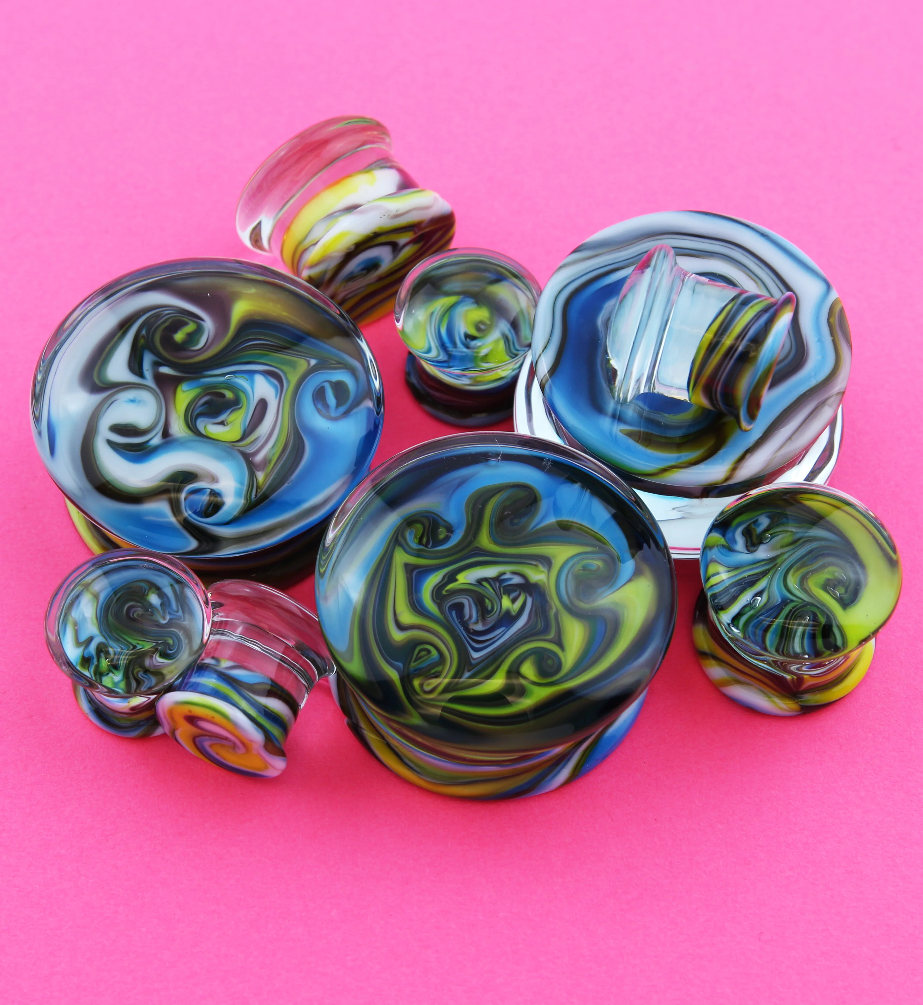 Blue Multi Chroma Swirl Glass Double Flare Plugs - Image 2