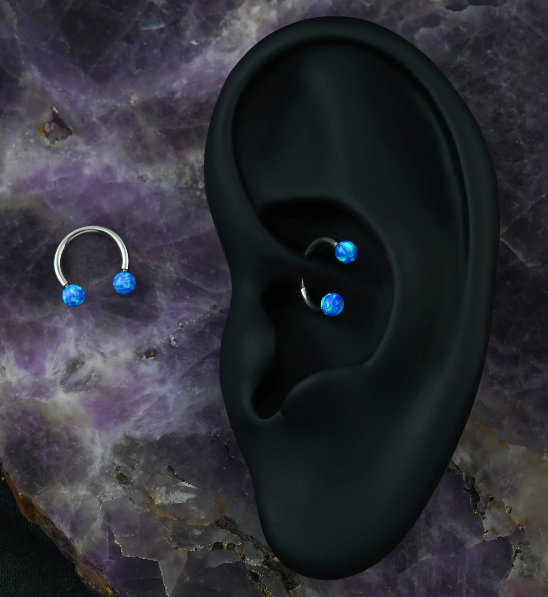 Blue Opalite Circular Stainless Steel Horseshoe Barbell - Image 3