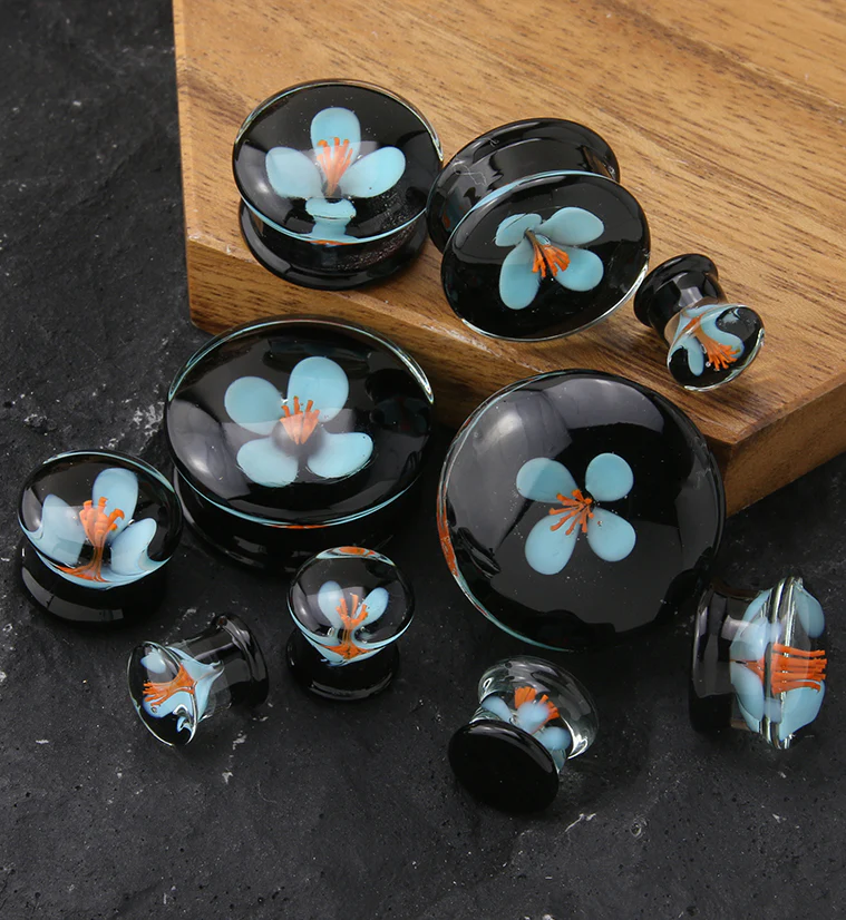 Blue Poppy Flower Black Glass Double Flare Plugs - Image 2