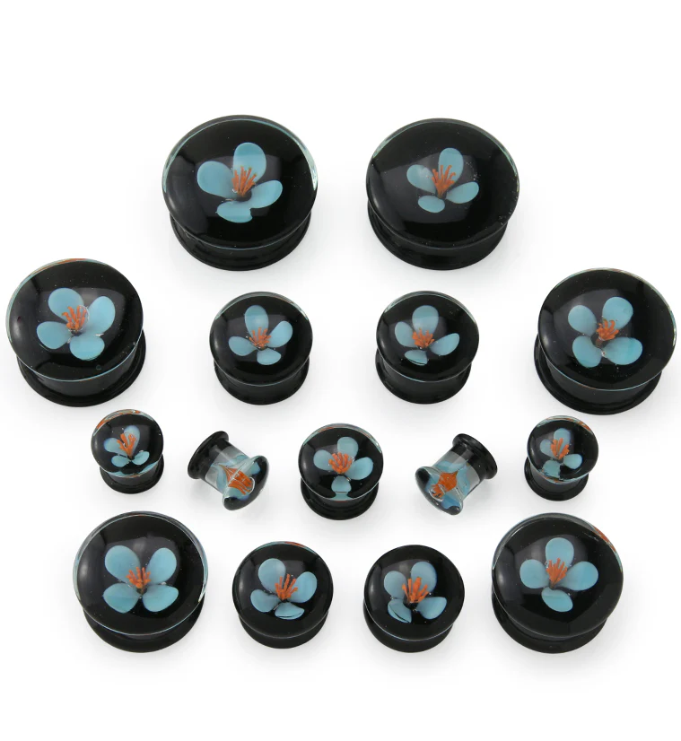 Blue Poppy Flower Black Glass Double Flare Plugs - Image 3