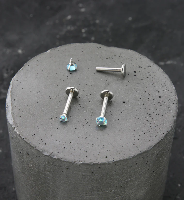 Blue Aurora Prong CZ Stainless Steel Internally Threaded Labret - Image 2