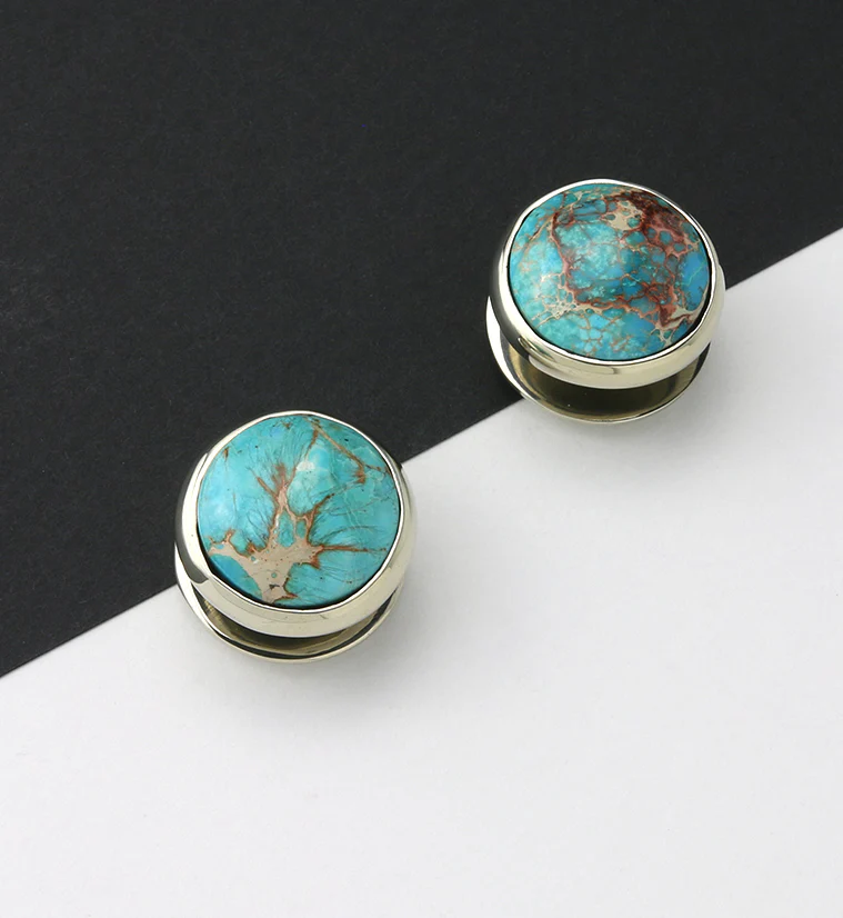 Blue Sea Sediment Stone Disk White Brass Ear Weights - Image 2