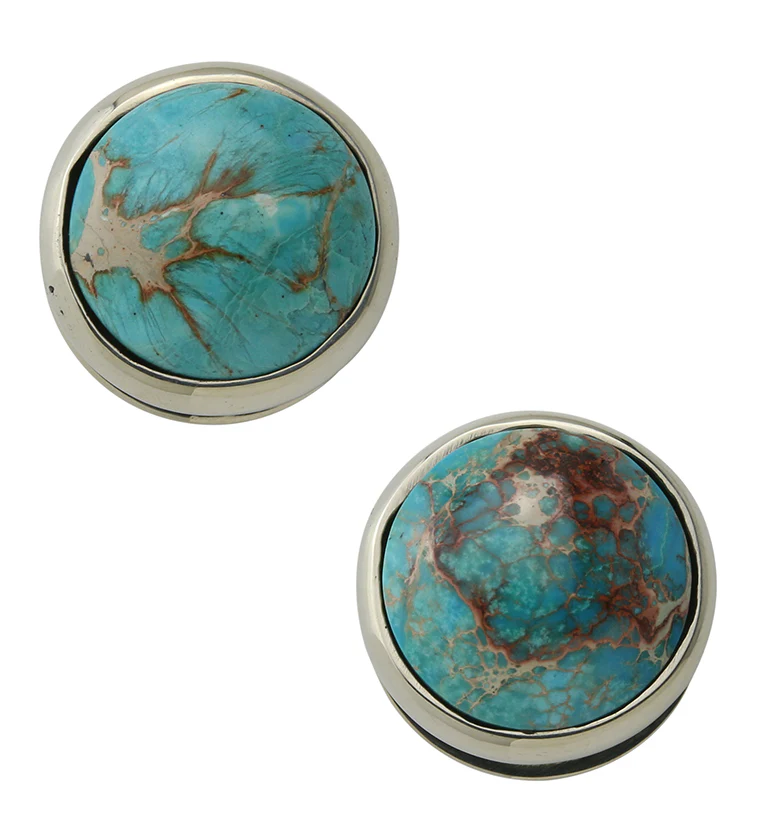Blue Sea Sediment Stone Disk White Brass Ear Weights - Image 3
