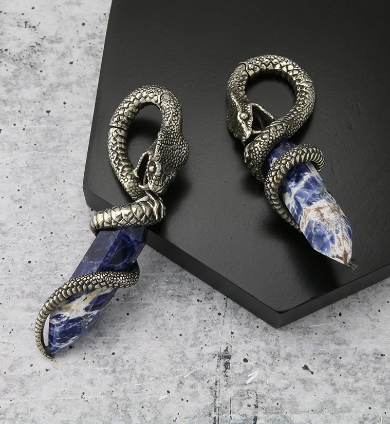 Blue Sodalite Stone Cobra White Brass Hinged Ear Weights - Image 2