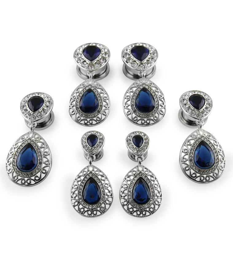 Blue Teardrop CZ Dangle Stainless Steel Tunnels - Image 2