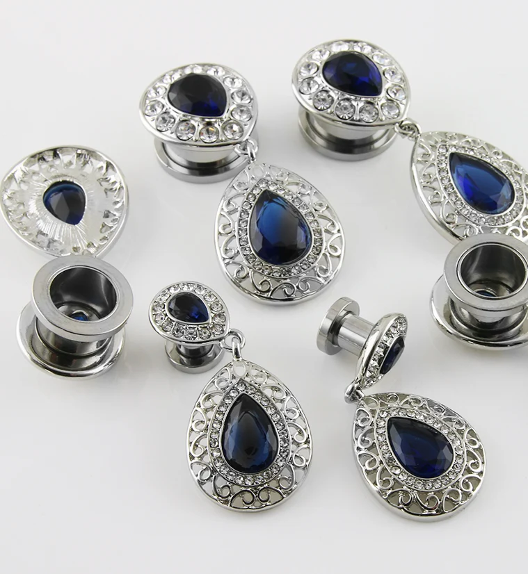 Blue Teardrop CZ Dangle Stainless Steel Tunnels - Image 3