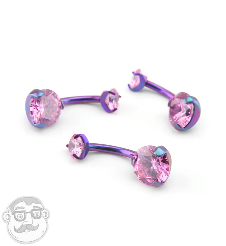 Blurple Titanium Belly Button Ring - Pink Swarovski CZ Prong Set Gem