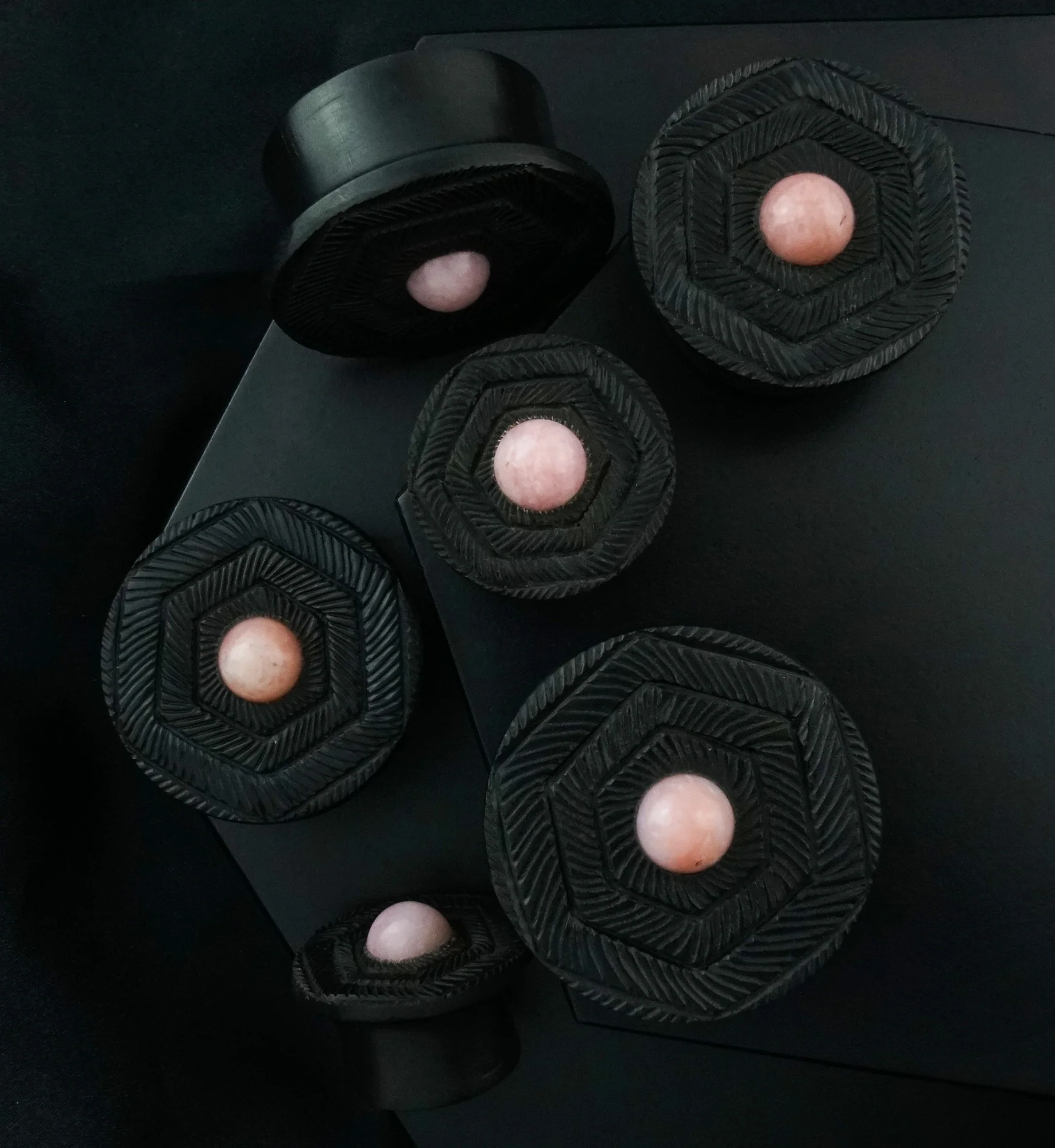 Boundary Geo Pink Opal Stone Inlay Areng Wood Mayan Flare Plugs - Image 2
