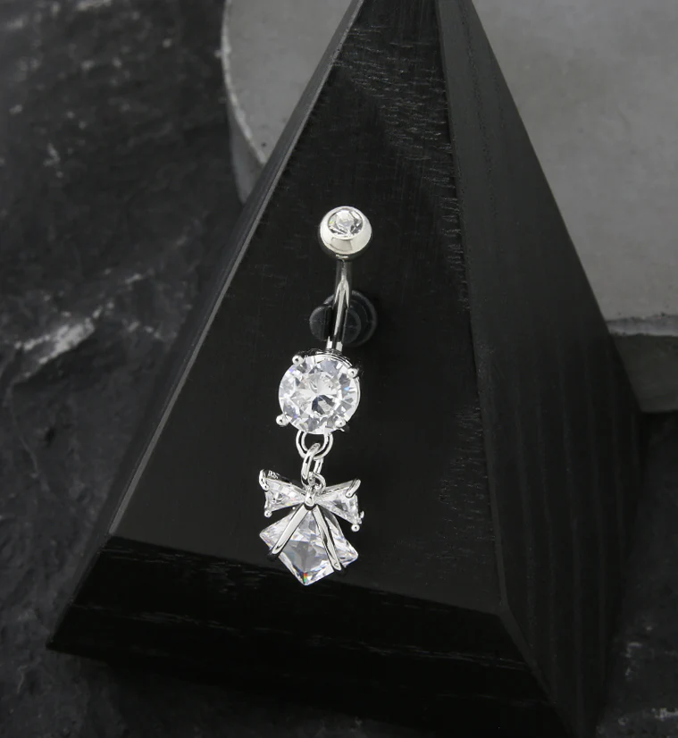 Bow And Rhombus CZ Dangle Stainless Steel Belly Button Ring - Image 2