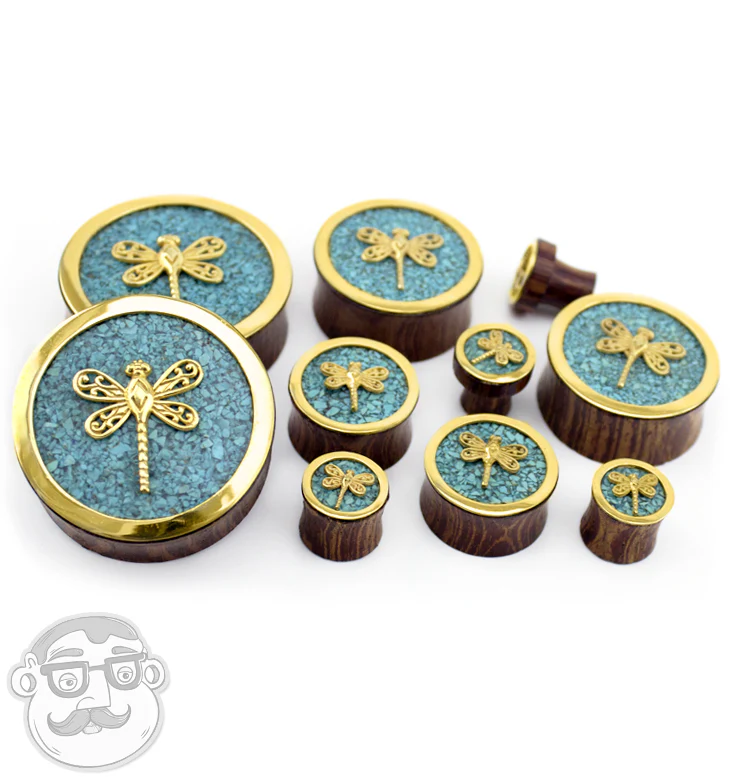 Brass Dragonfly Wood Plugs With Teal Stone Inlay - Image 4
