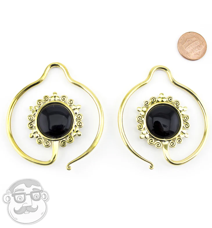 Brass Earrings With Black Obsidian Stone Inlay