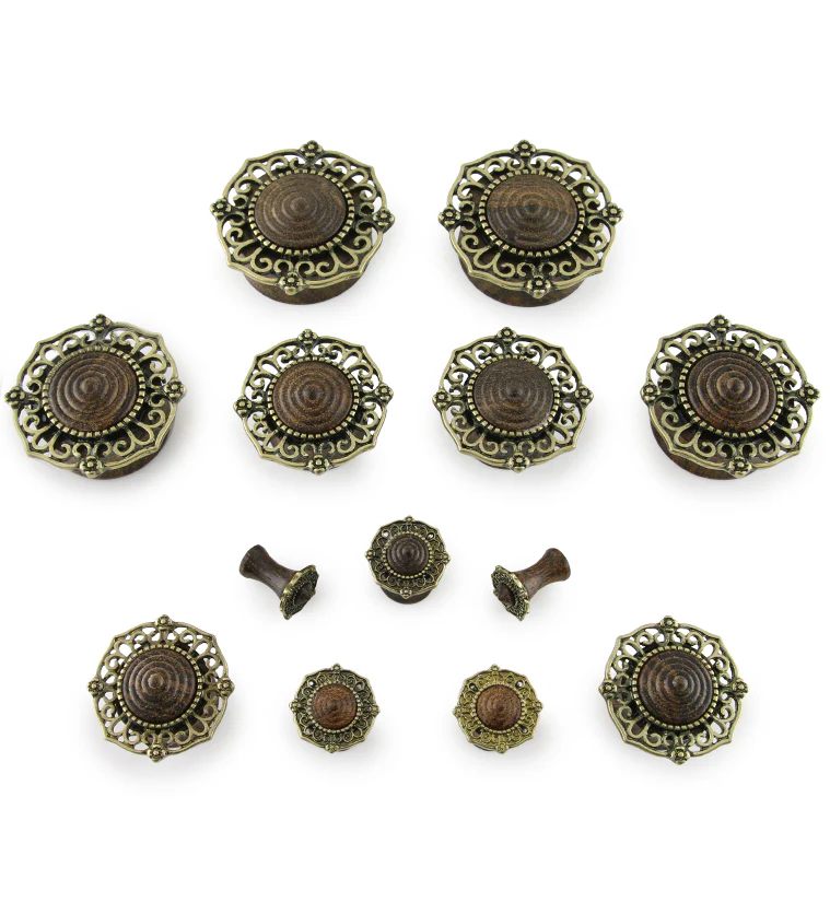 Brass Filigree Top Rose Wood Plugs - Image 3