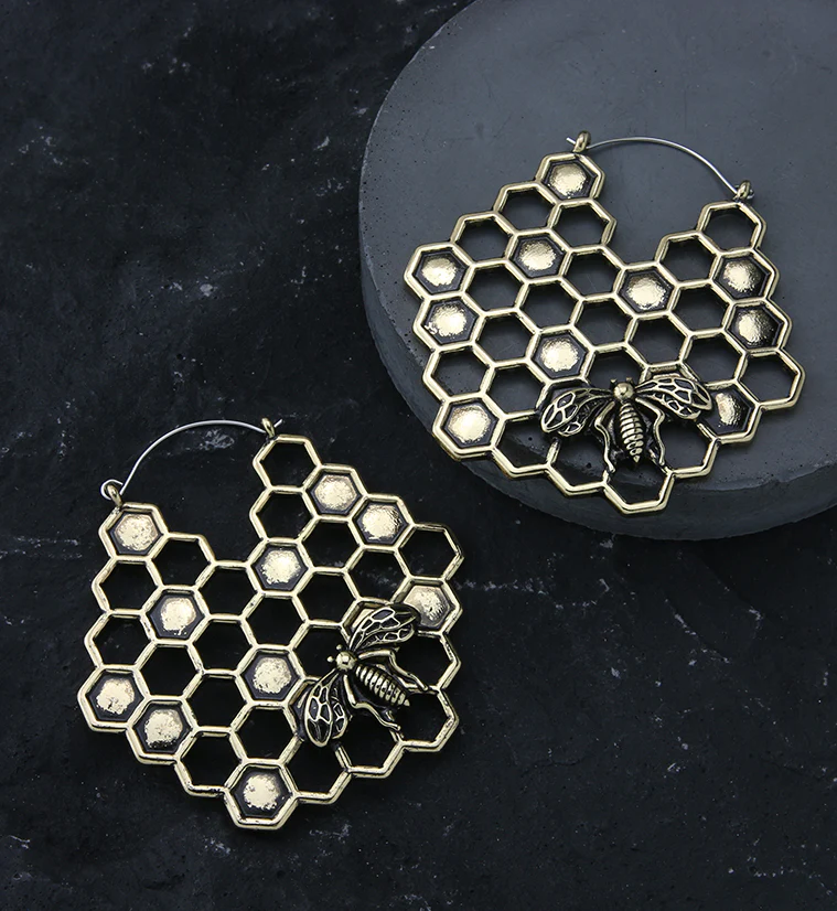 Honeycomb Golden Antique Plug Hoops - Image 2