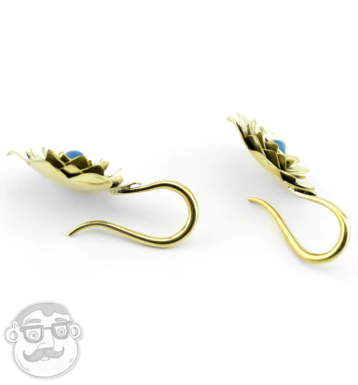 Brass Rosebud With Teal Stone Inlay Earrings - Image 2