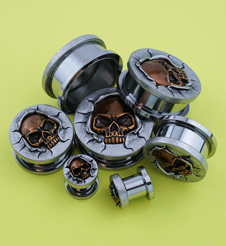 Brass Skull Stainless Steel Screw Back Plugs - Image 3
