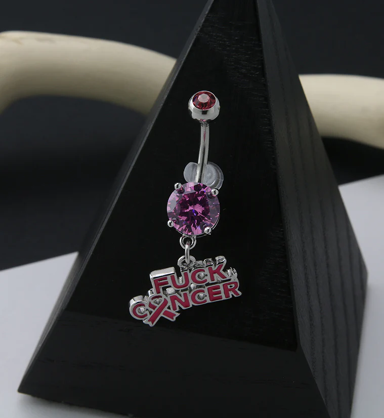 Breast Cancer Awareness Fuck Cancer Pink CZ Belly Ring - Image 2