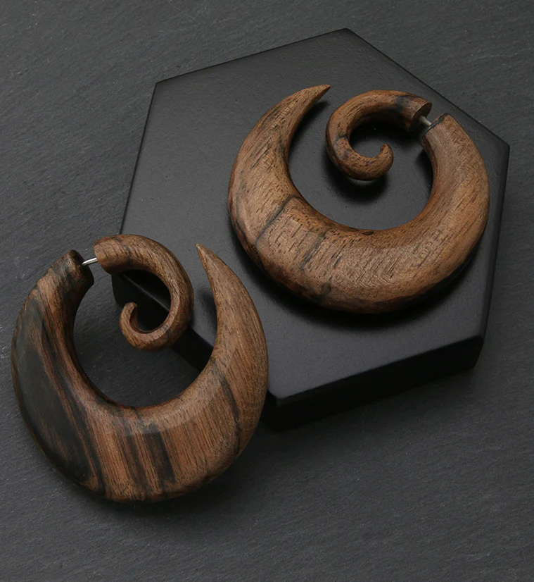 Broad Areng Wood Fake Gauge Spiral Earrings - Image 2
