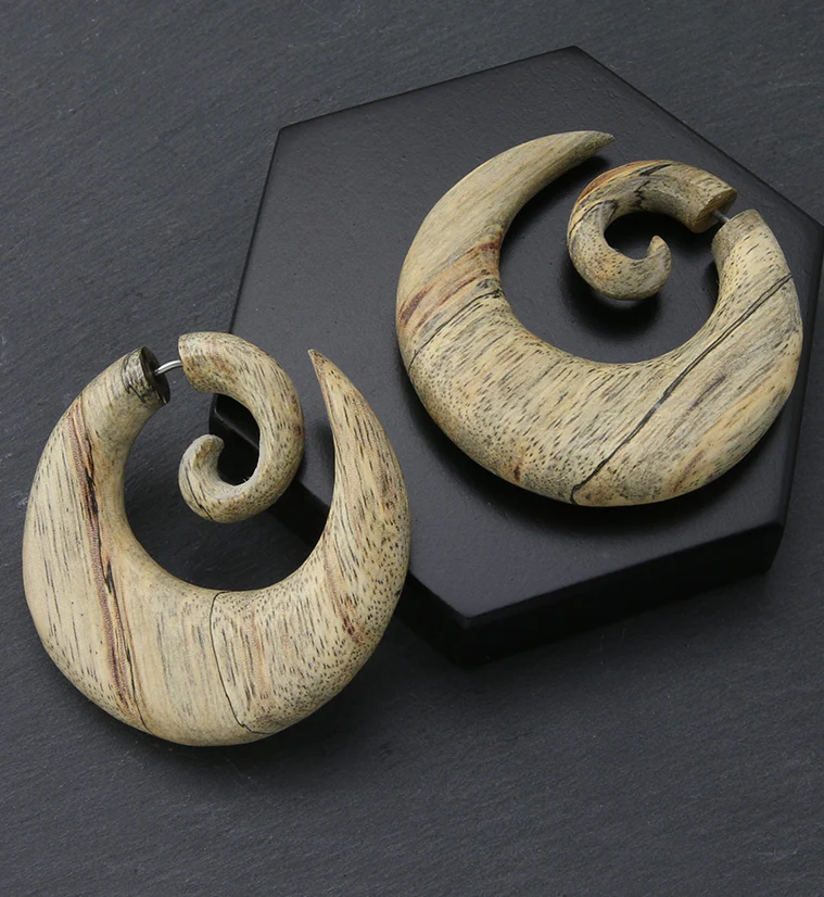 Broad Tamarind Wood Fake Gauge Spiral Earrings - Image 2