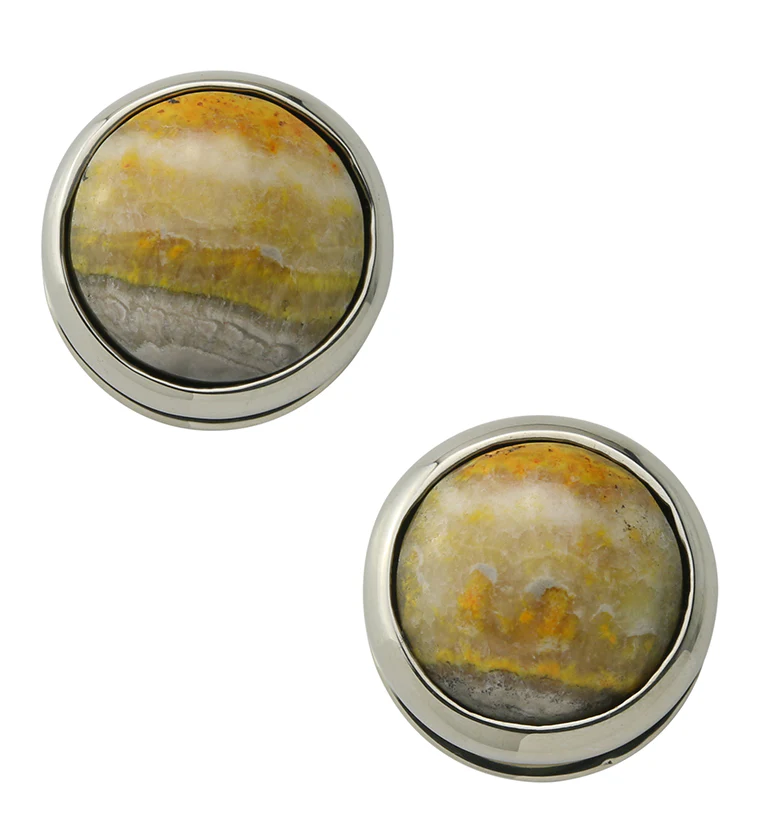 Bumblebee Jasper Stone Disk White Brass Ear Weights - Image 2