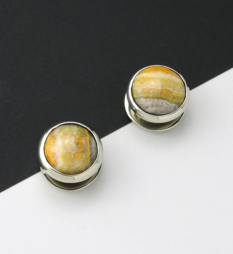 Bumblebee Jasper Stone Disk White Brass Ear Weights - Image 3