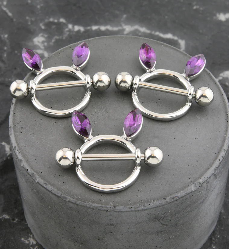 Bunny Ears Purple CZ Nipple Ring Shield - Image 2