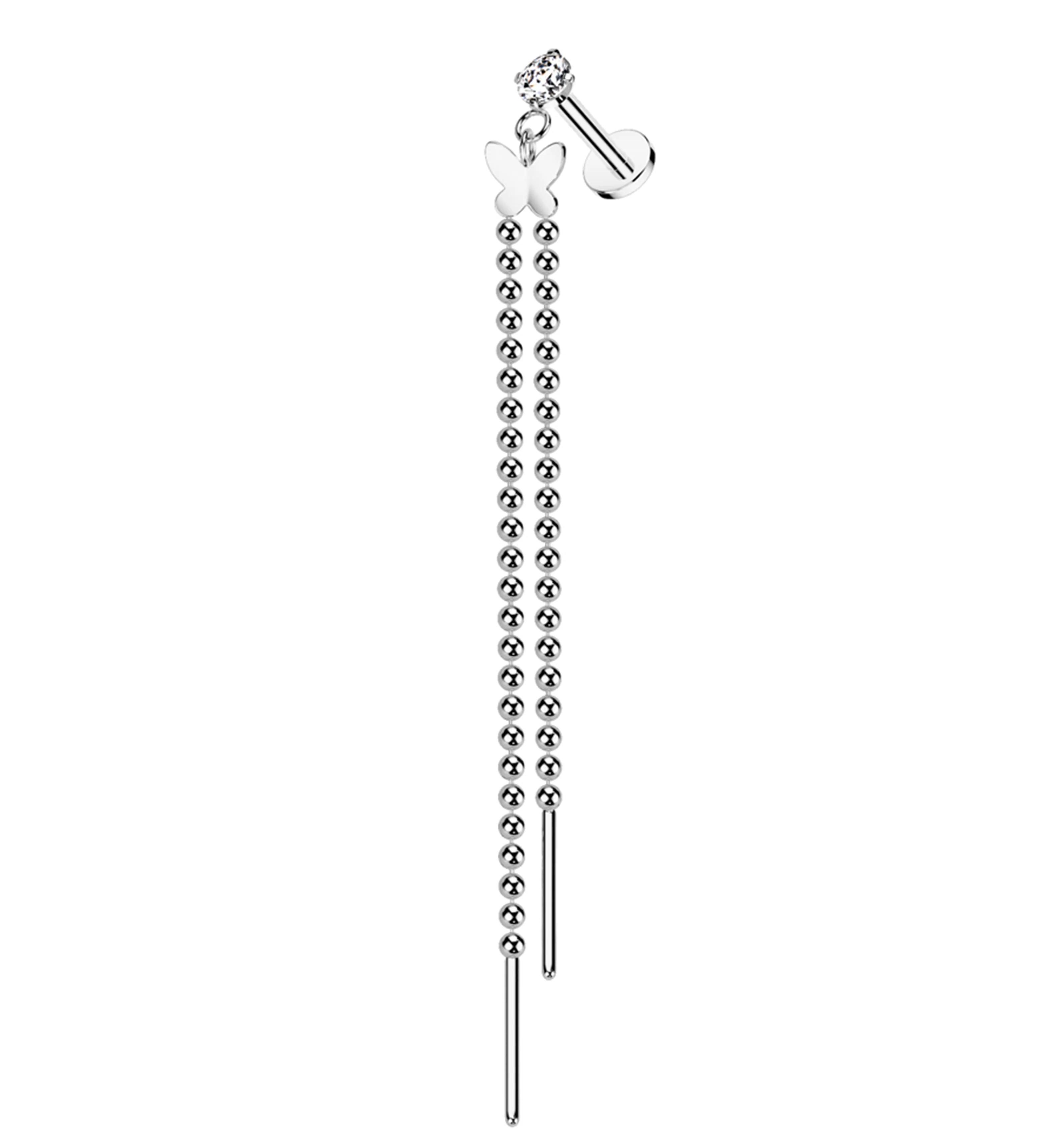 Butterfly Beaded Dangle Chain Stainless Steel Internally Threaded Labret