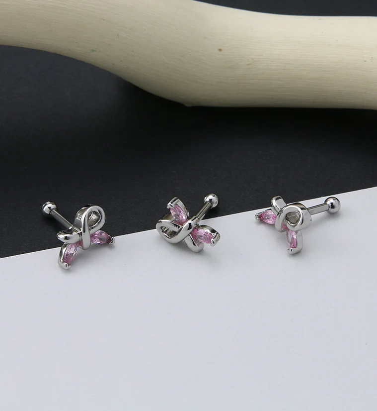 Butterfly Breast Cancer Ribbon Pink CZ Cartilage Barbell - Image 2