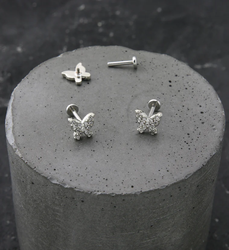 Butterfly Clear CZ Stainless Steel Internally Threaded Labret - Image 2