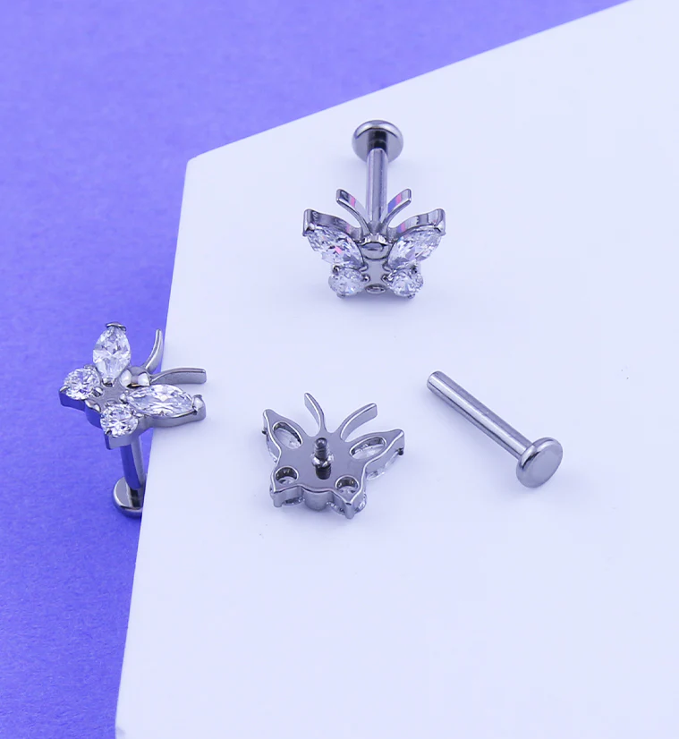 Butterfly Clear CZ Titanium Internally Threaded Labret - Image 2