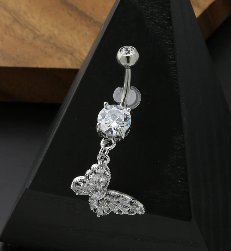 Butterfly Dangle Clear CZ Stainless Steel Belly Button Ring - Image 2