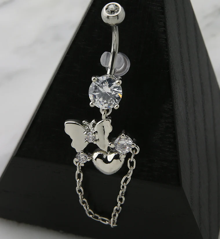 Butterfly Heart Clear CZ Dangle Chain Belly Button Ring - Image 2