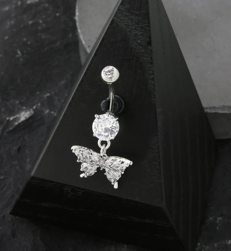 Butterfly Marquise CZ Dangle Stainless Steel Belly Button Ring - Image 2