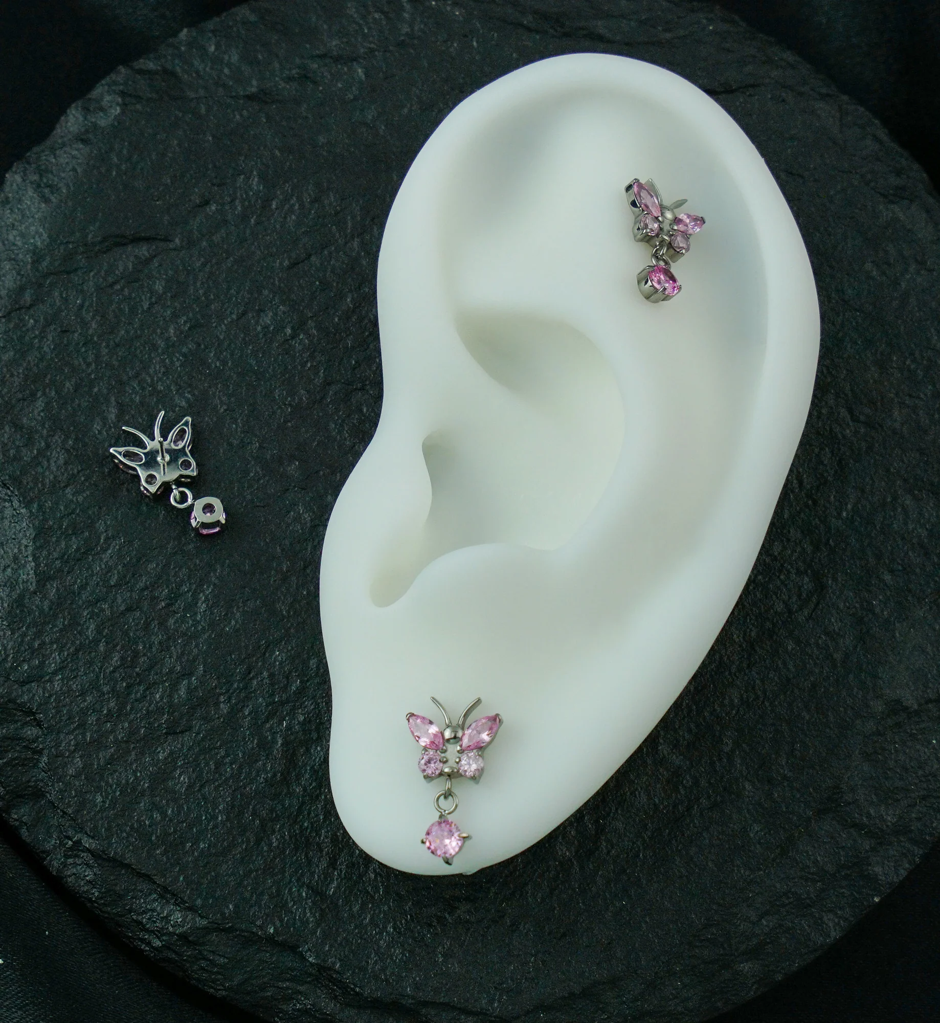 Butterfly Pink CZ Dangle Titanium Threadless Top - Image 2