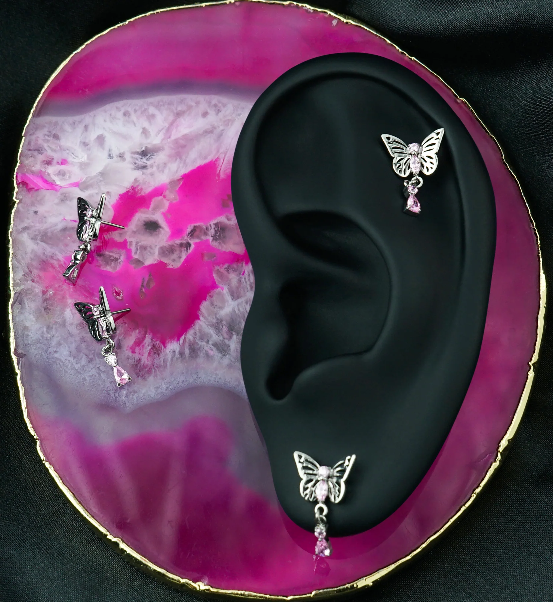 Butterfly Pink CZ Teardrop Dangle Titanium Threadless Top - Image 2