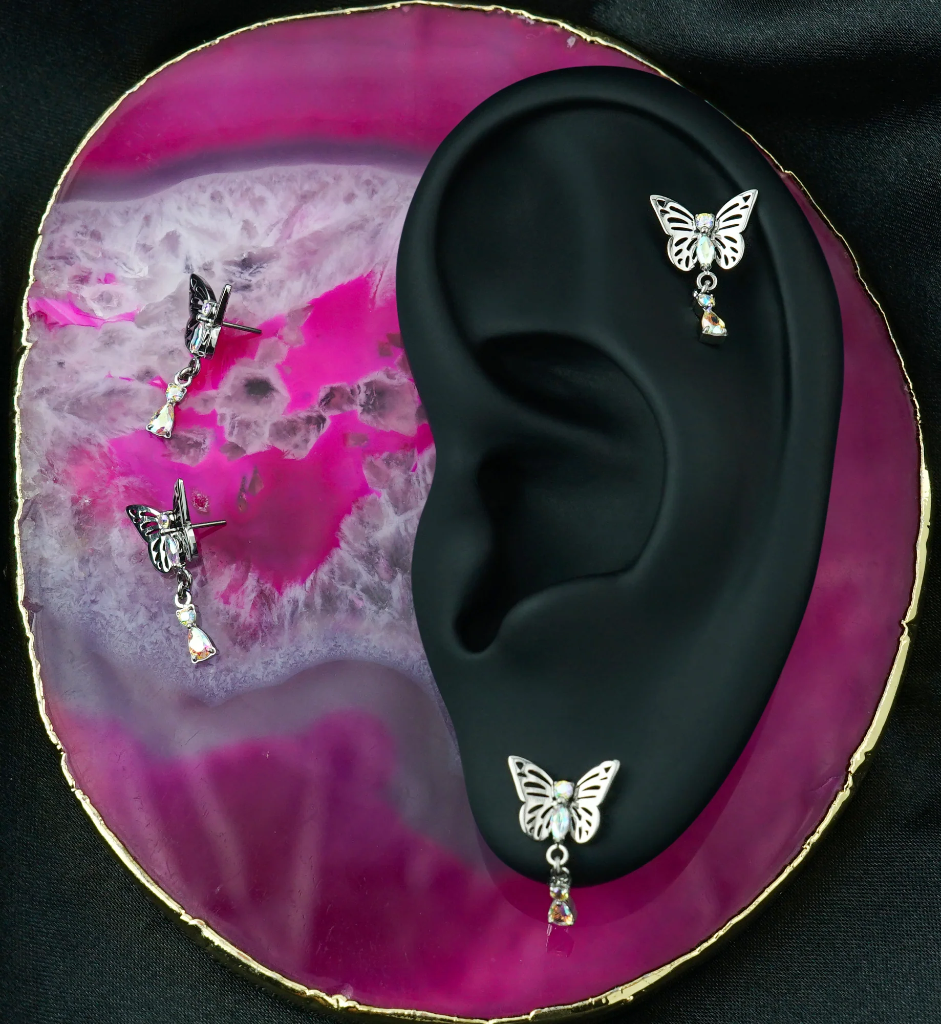 Butterfly Rainbow Aurora CZ Teardrop Dangle Titanium Threadless Top - Image 2