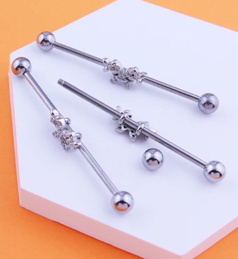 Butterfly Trio Clear CZ Stainless Steel Industrial Barbell - Image 2