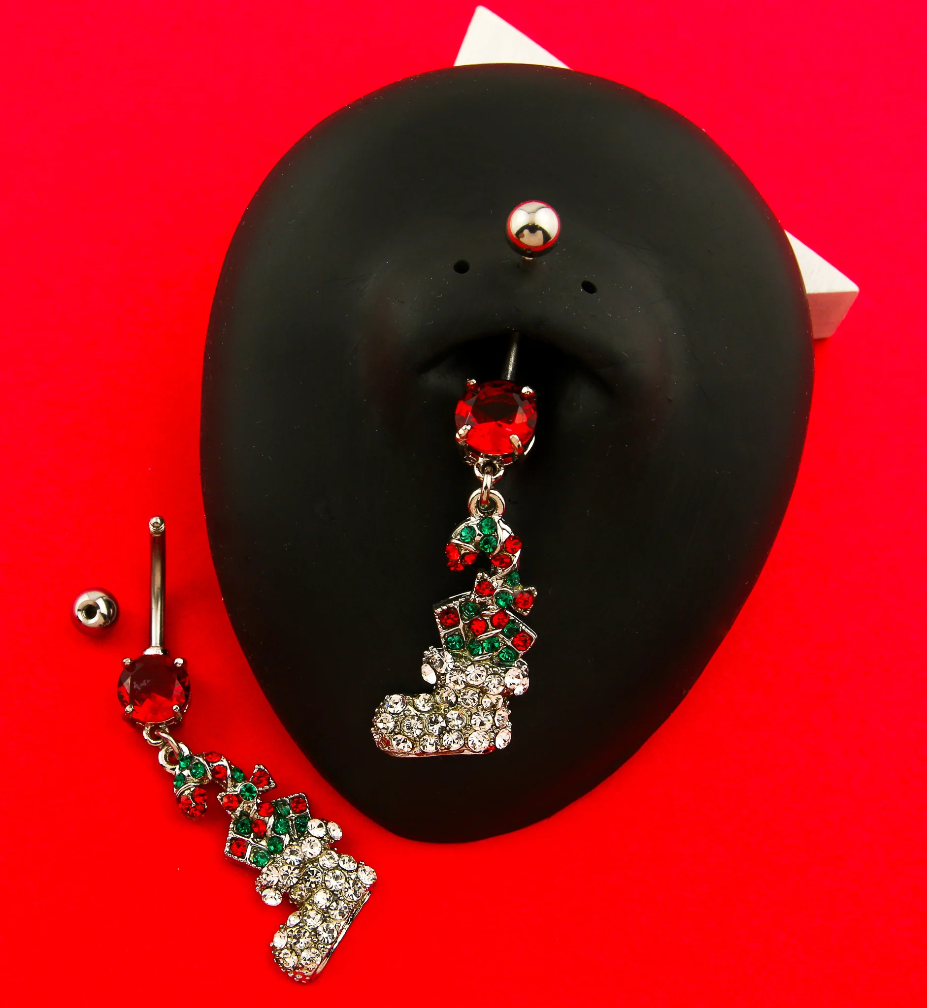 Candy Cane Stocking Dangle CZ Stainless Steel Belly Button Ring - Image 2