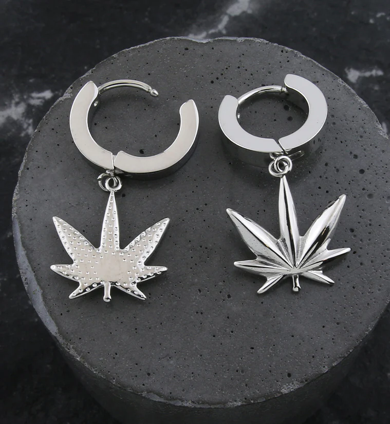 Cannabis Leaf Stainless Steel Hoop Huggie Earrings - Image 2