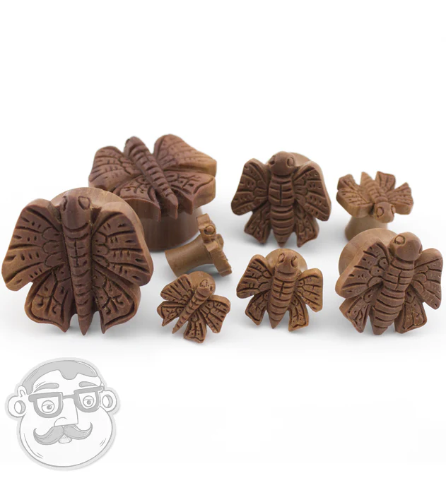 Carved Butterfly Saba Wood Plugs - Image 3