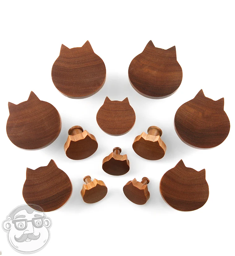 Carved Cat Face Saba Wood Plugs - Image 2