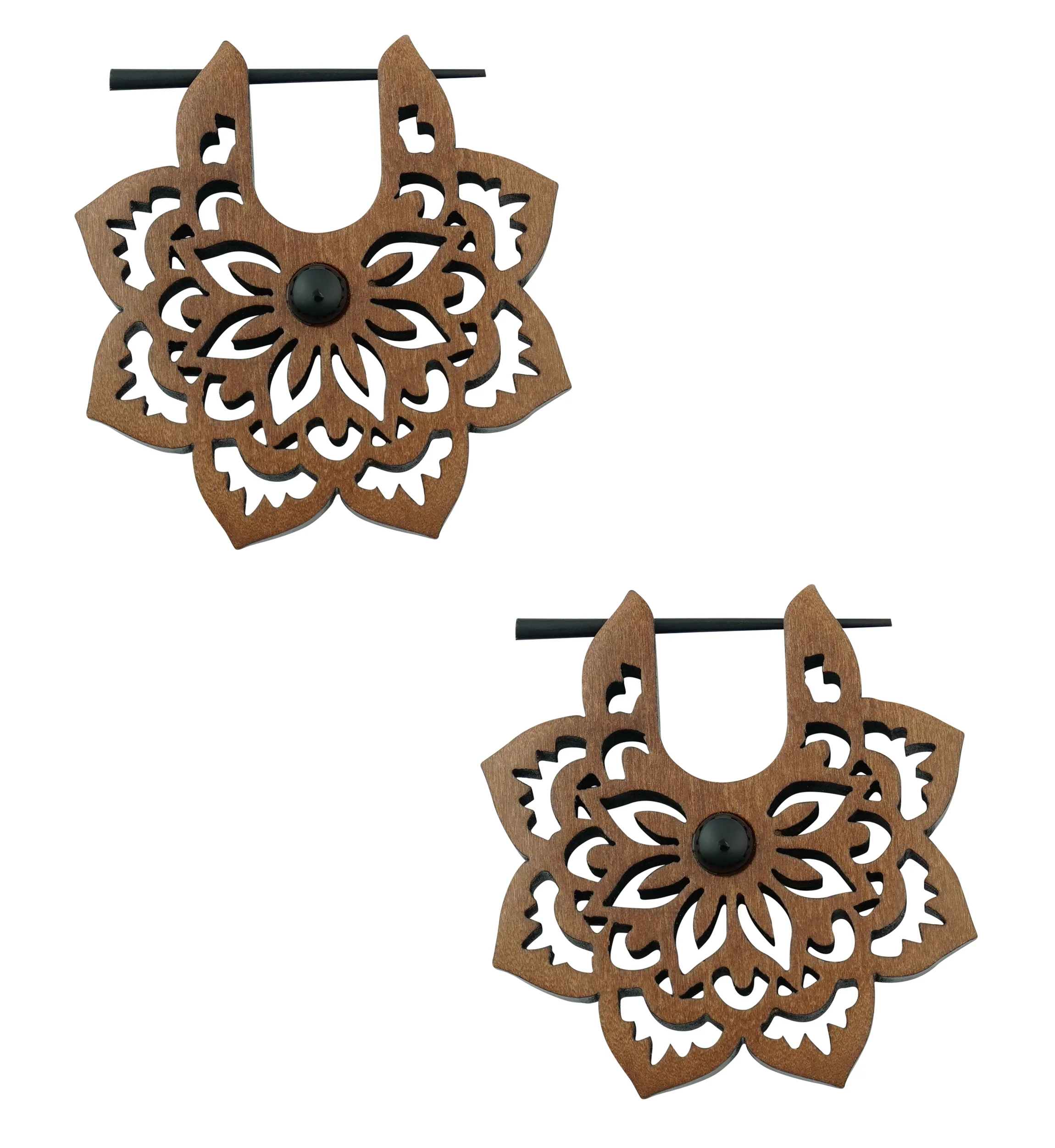 Carved Floral Black Onyx Inlay Wood Earrings