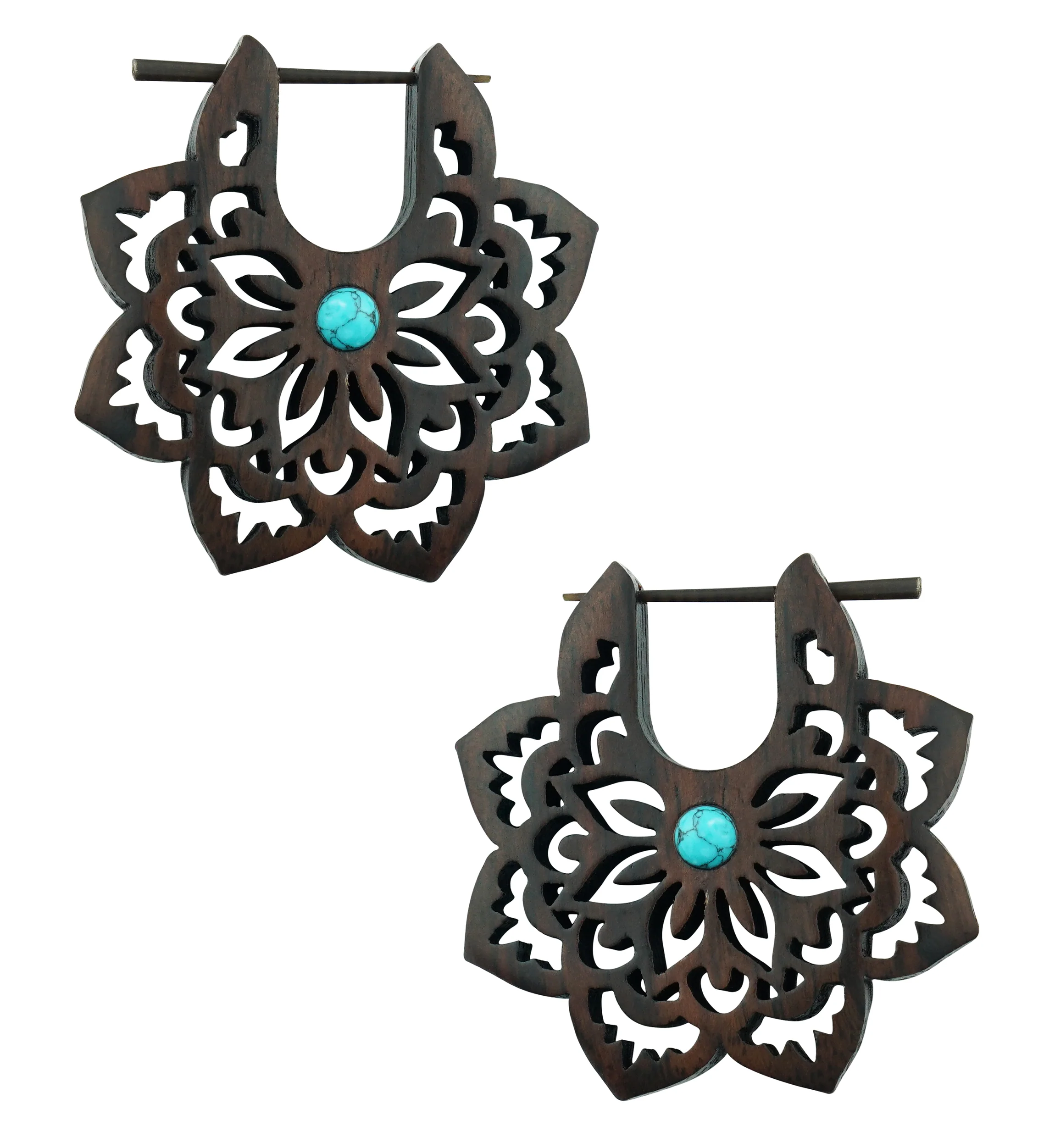 Carved Floral Howlite Turquoise Inlay Wood Earrings