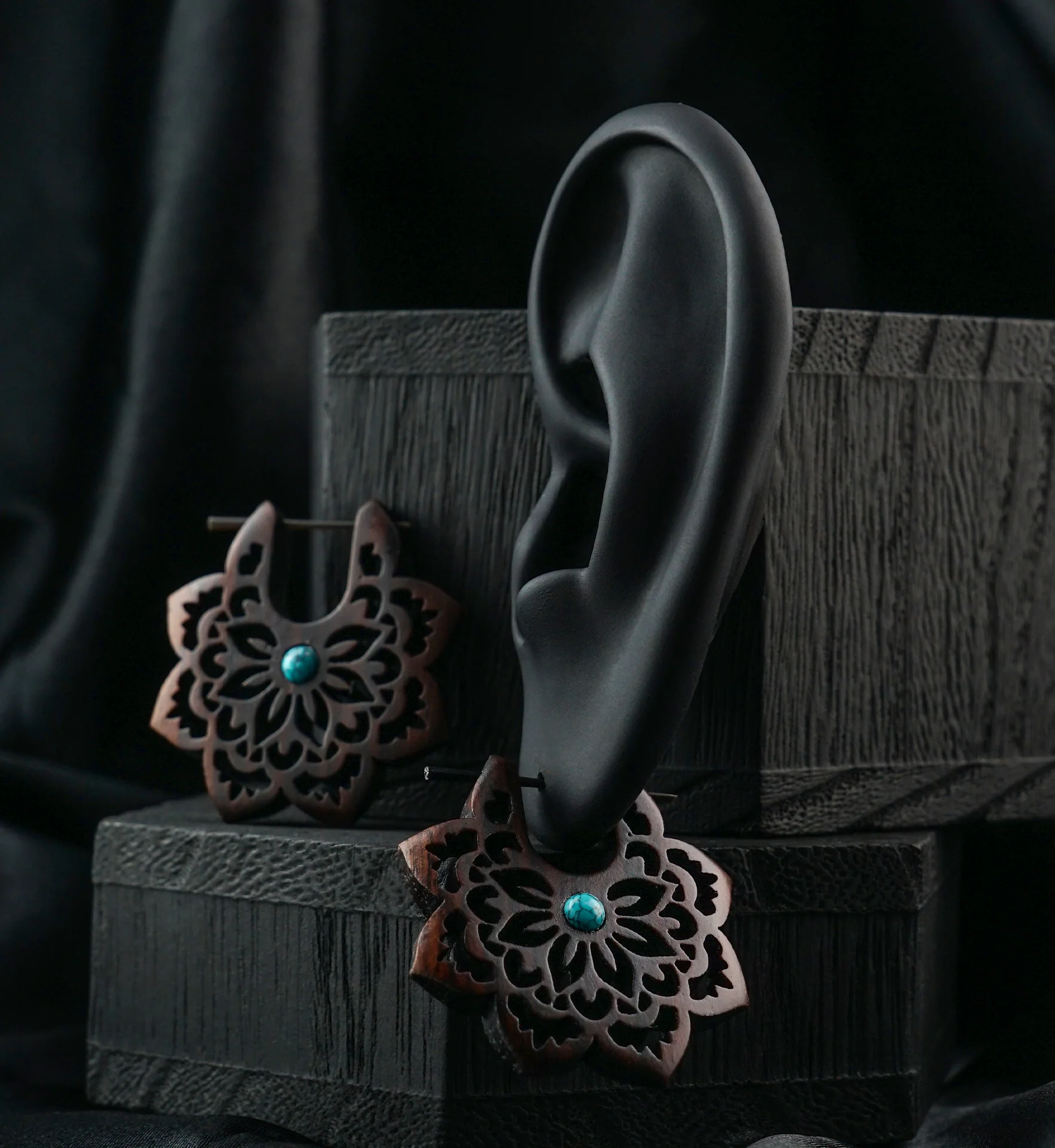 Carved Floral Howlite Turquoise Inlay Wood Earrings - Image 2