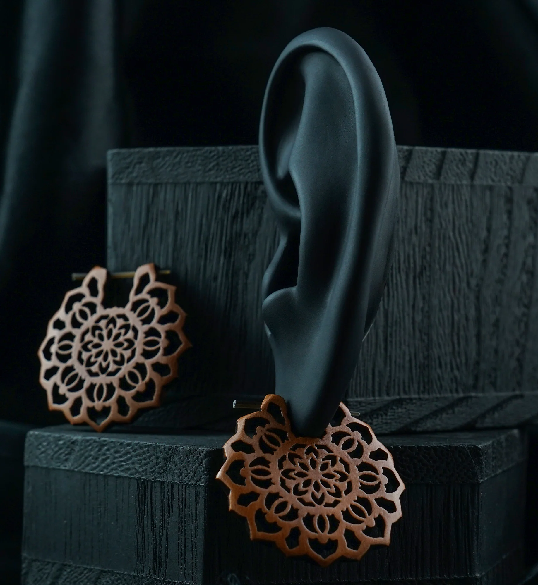 Carved Floral Saba Wooden Earrings - Image 2