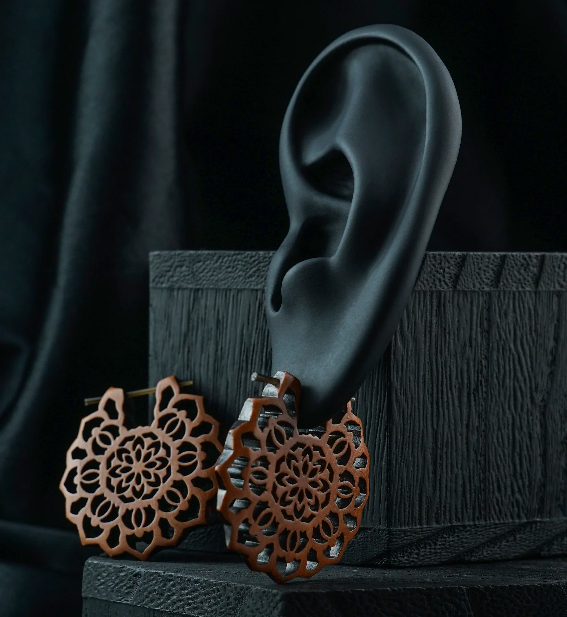 Carved Floral Saba Wooden Earrings - Image 3