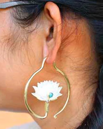 Carved Lotus Shell Brass Earrings - Image 2
