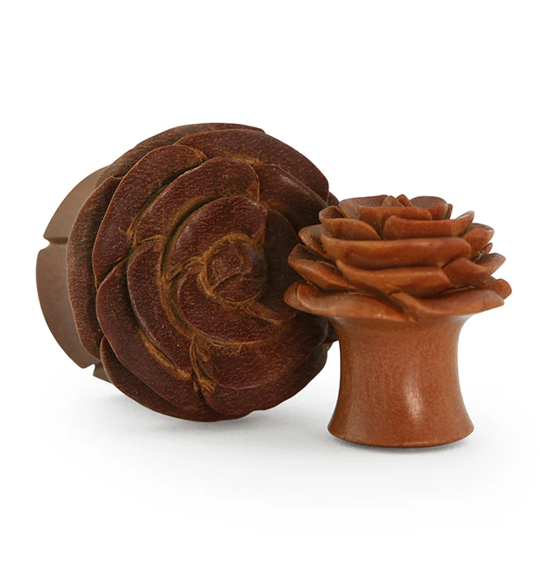 Carved Rosebud Saba Wood Plugs - Image 4